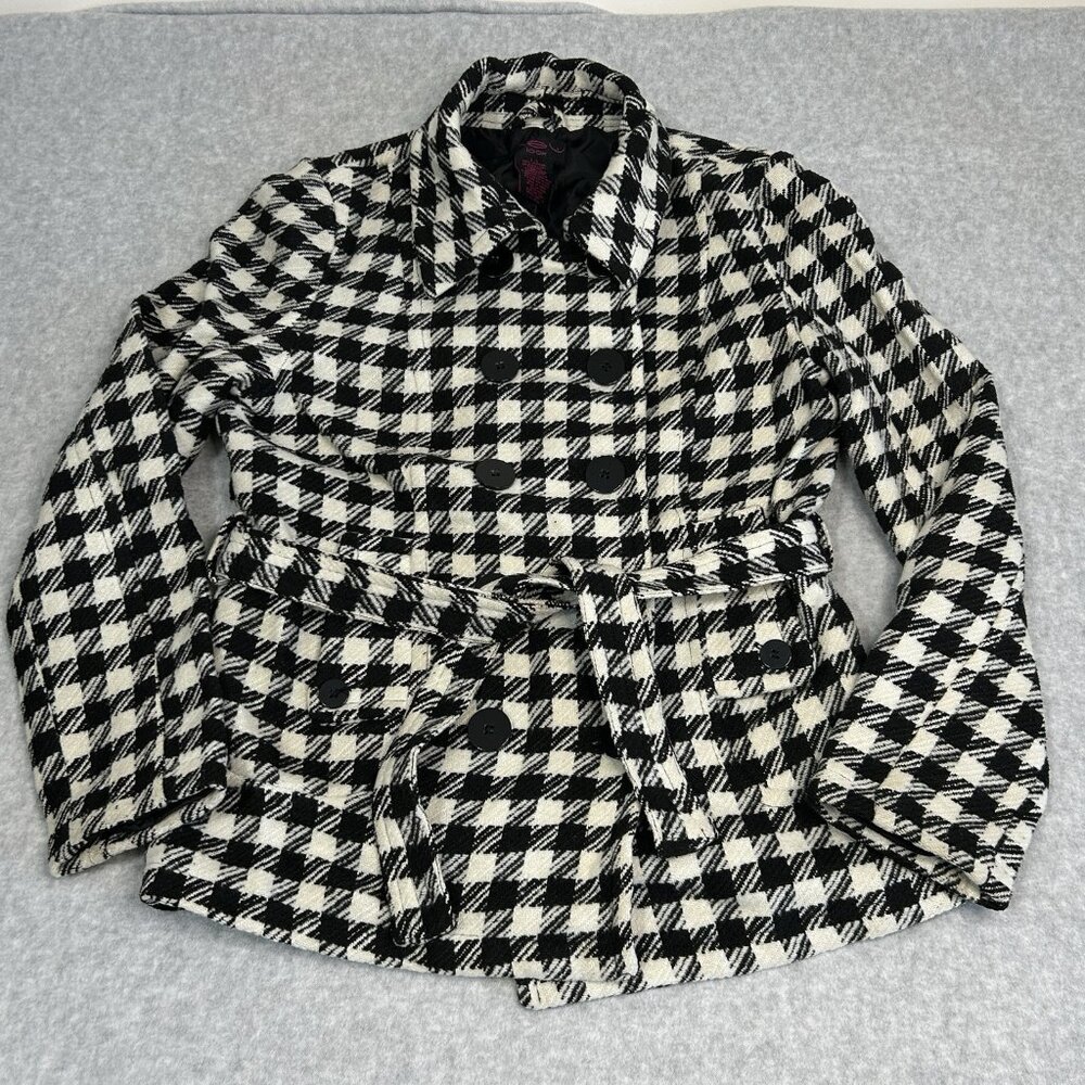New Look Wool Blend Houndstooth Pea Coat Button Down Black/White - Women's Large